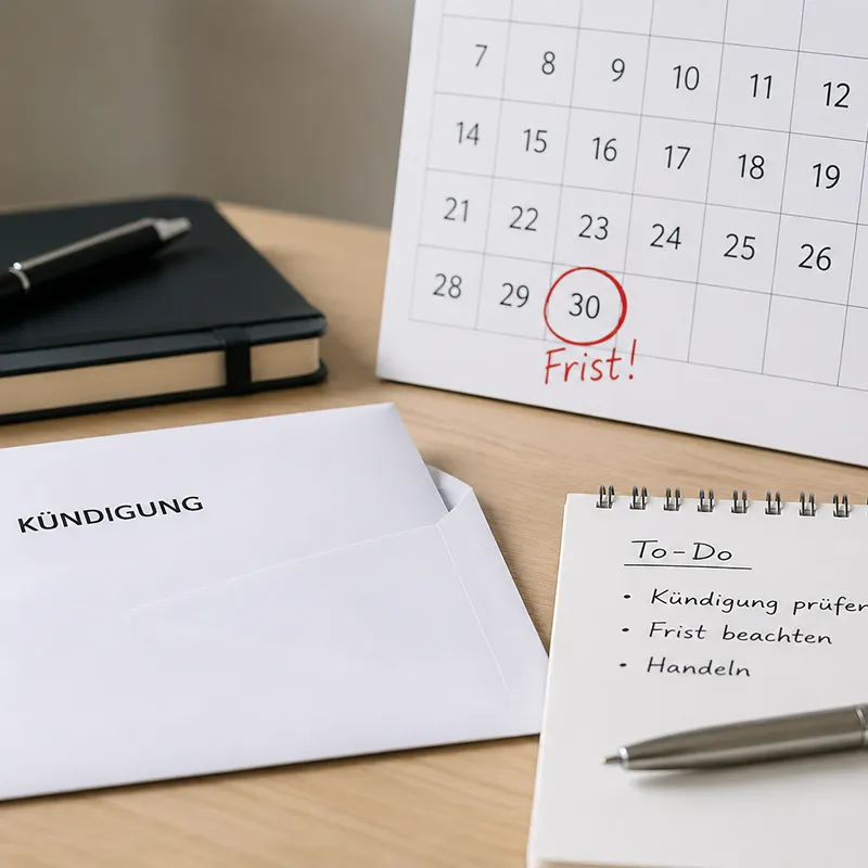 Sachlich-seriöses Symbolbild: neutraler Briefumschlag/Schreiben neben einem Kalender mit markiertem Datum – passend zur Arbeitsrecht-Seite als Hinweis auf wichtige Fristen (z. B. 3-Wochen-Klagefrist) und schnelle Orientierung nach einer Kündigung.