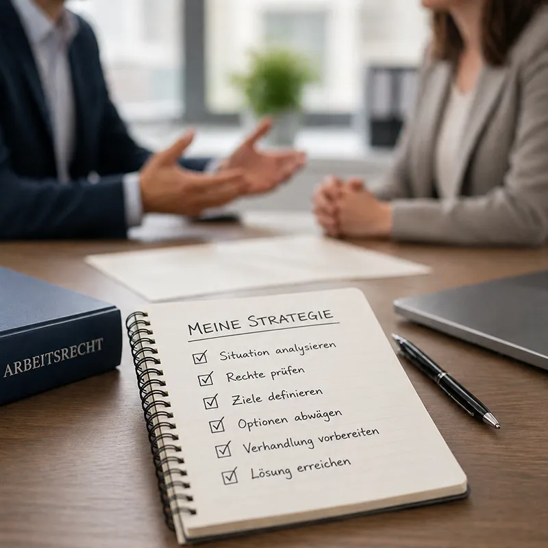 Professionelles Gespräch im Büro (Gesichter dezent/unscharf), im Vordergrund Notizbuch mit Checkliste für die nächsten Schritte – passend zum Thema „Strategie statt Aktionismus“ nach Kündigung oder Konflikt im Job.