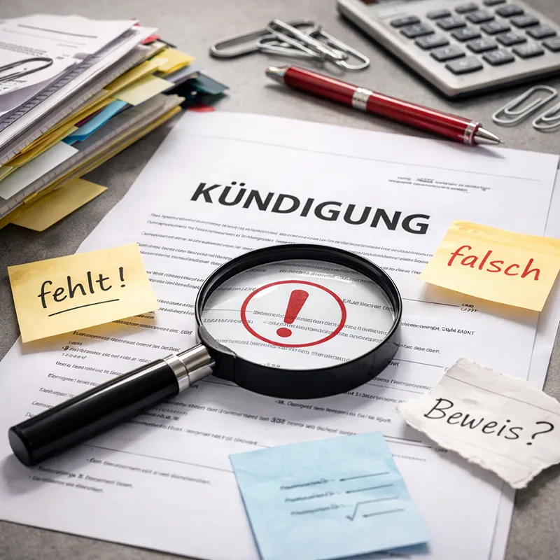 Prüfung von Kündigungen: Dokumente, Lupe und markierte Schwachstellen stehen für formale Fehler, fehlende Begründungen und unzureichende Dokumentation.