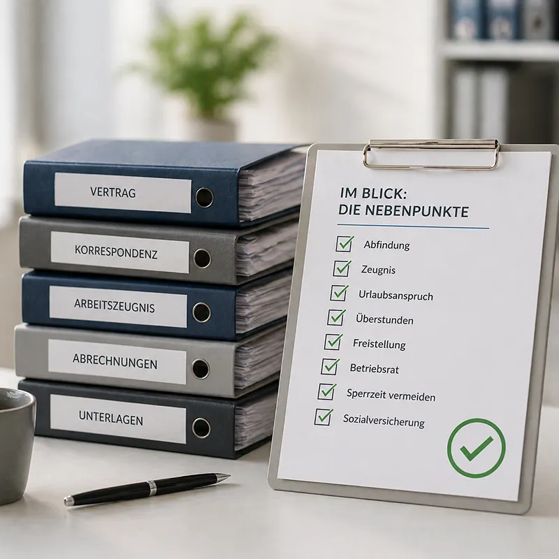 geordneter Dokumentenstapel und eine klar strukturierte Checkliste mit Häkchen – passend zur Arbeitsrecht-Seite als Hinweis, dass neben der Kündigung auch Themen wie Zeugnis, Urlaub, Freistellung und Abfindung mitgedacht werden sollten.