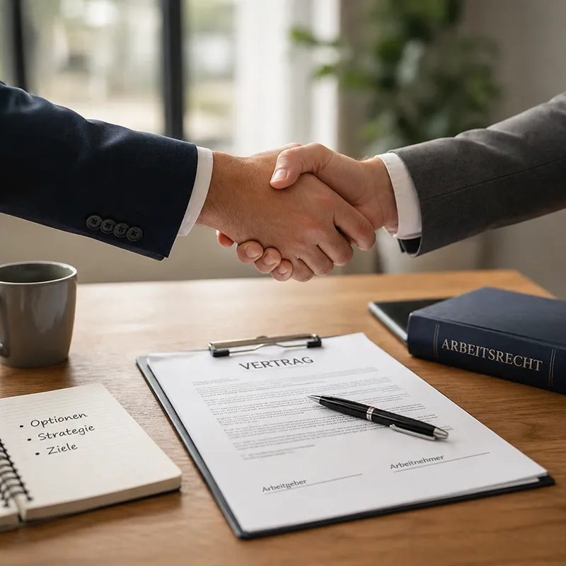 Handschlag als Zeichen einer Verhandlung/Lösung, daneben Vertrag und Stift auf dem Schreibtisch – passend zum Thema „erst prüfen und verhandeln, bevor Sie etwas unterschreiben“.